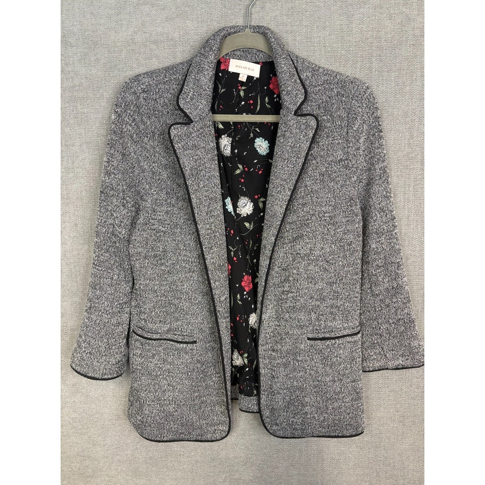Skies Are Blue Jacket Women Medium Grey Blazer Open Front Knit 3/4 Sleeve Career